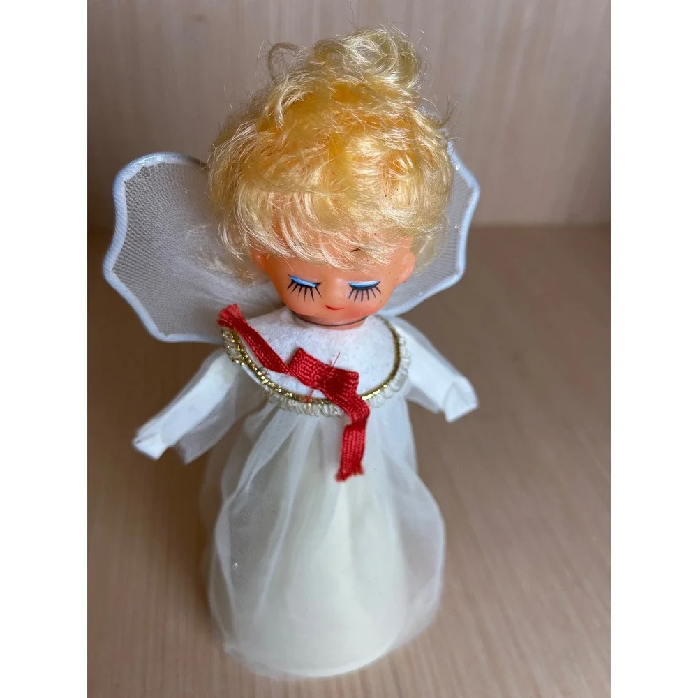Vintage Blonde Angel Christmas Tree Topper White Mesh Gown Red Ribbon Bow MCM